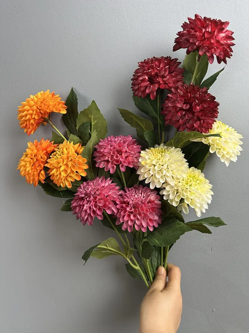 5 Stück Simulationsblumen aus Kunststoff, weiße Dahlien, Hoteldekoration, künstliche Blumen, 3-köpfiger Dahlienzweig, Café-Dekoration – Detail 21