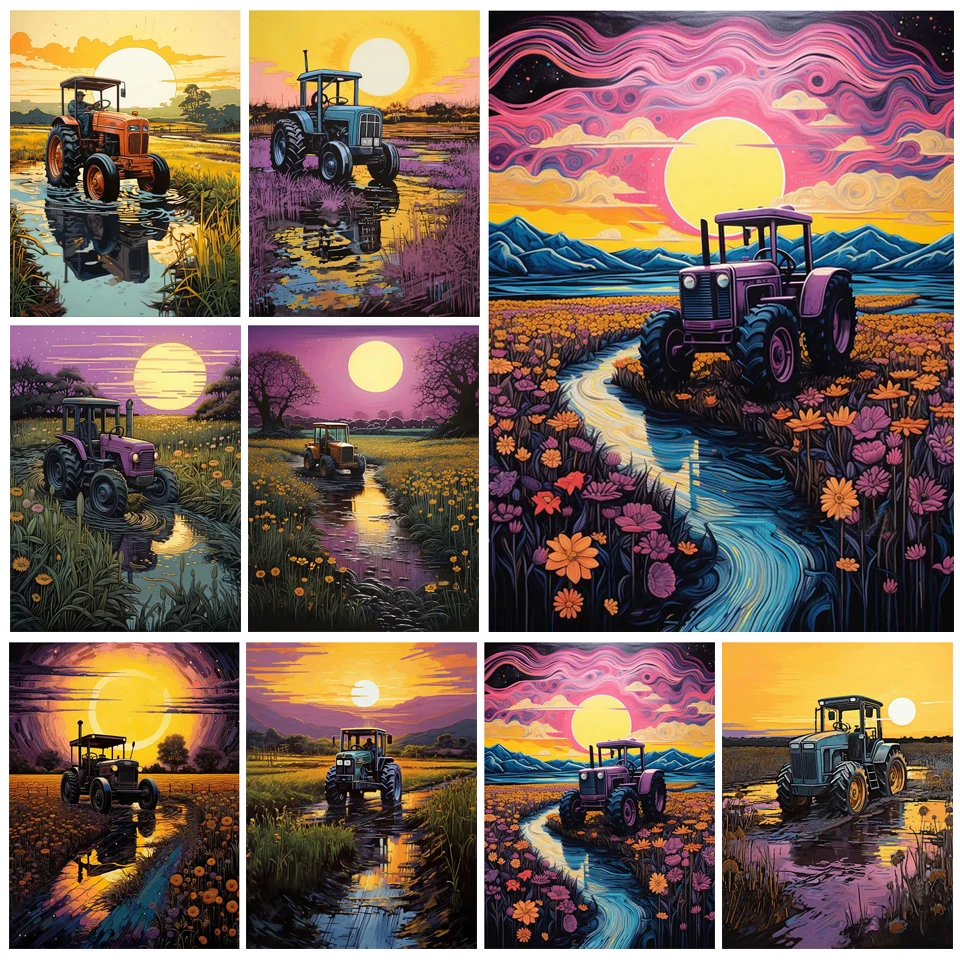 Truck DIY Diamond Painting Sunset Landscape Oil Painting Wall Sticker Diamond Embroidery Mosaic Cross Stitch Home Decor FF1897