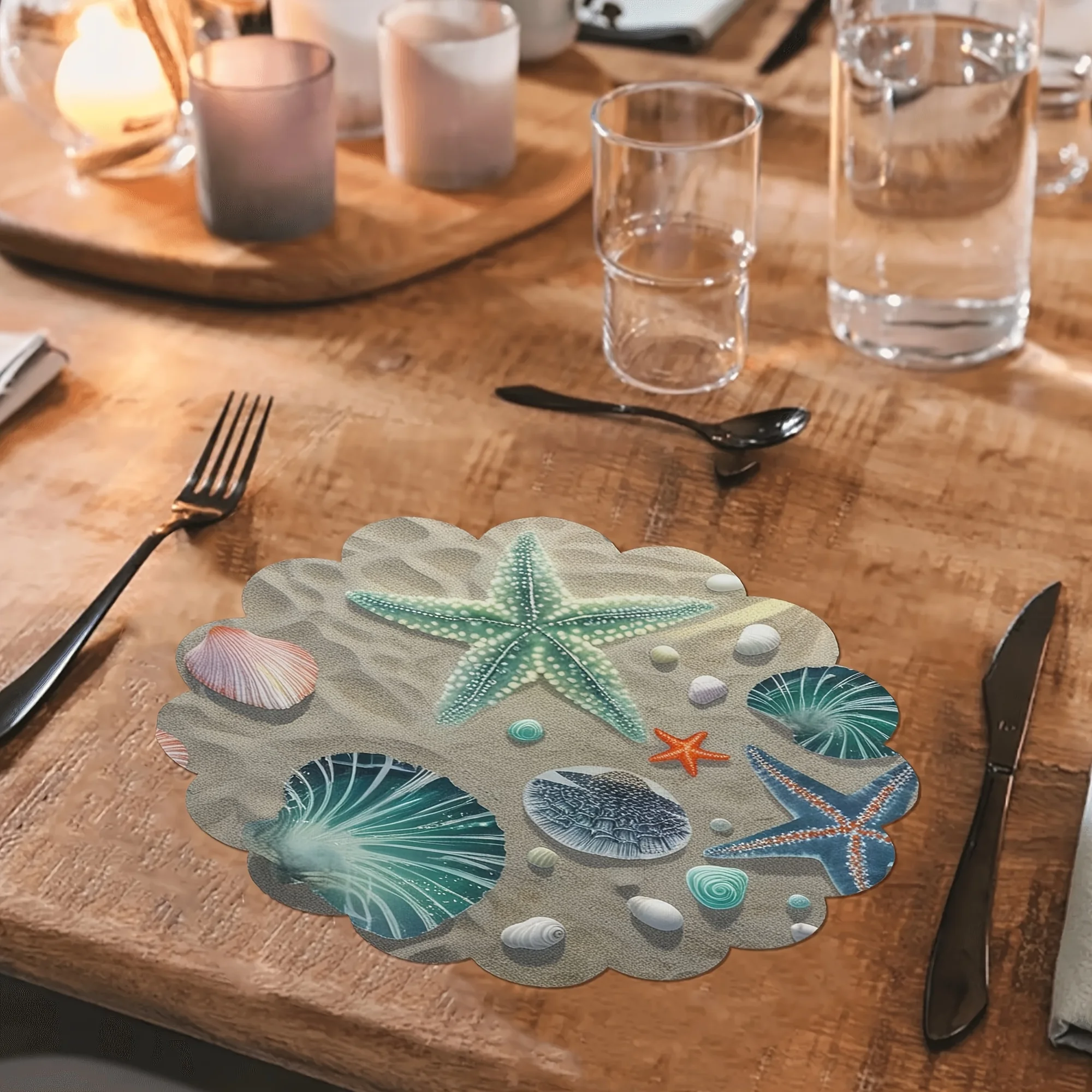 VIKAMA Starfish Shell Scalloped Round Placemat Ocean Theme Table Mat Waterproof Heat Resistant Plate Pad Summer Dining Decor