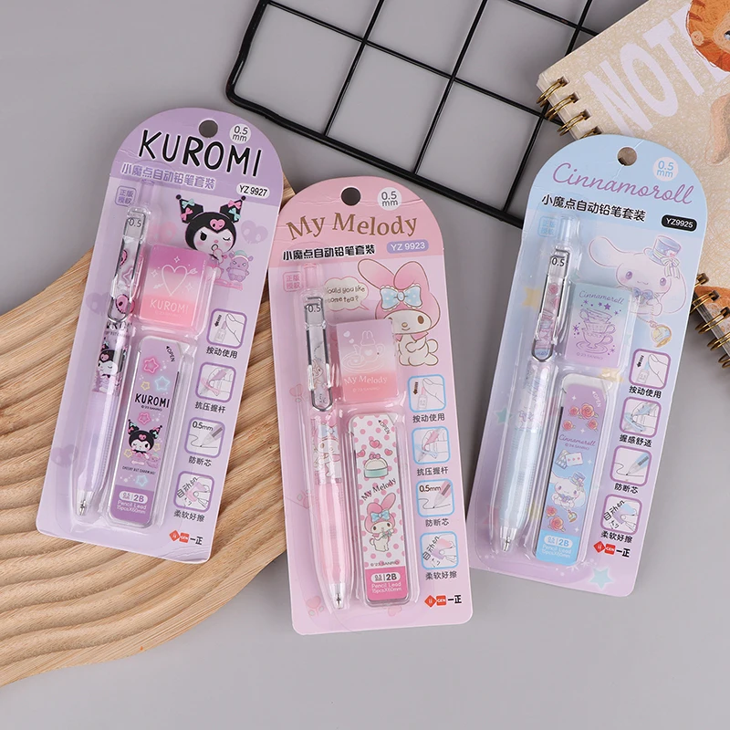 Sanrio My Melody  Cinnamoroll Kuromi Cartoon Mechanical Pencils With Eraser Refills Cute Automatic Pencils Set Stationery Gift