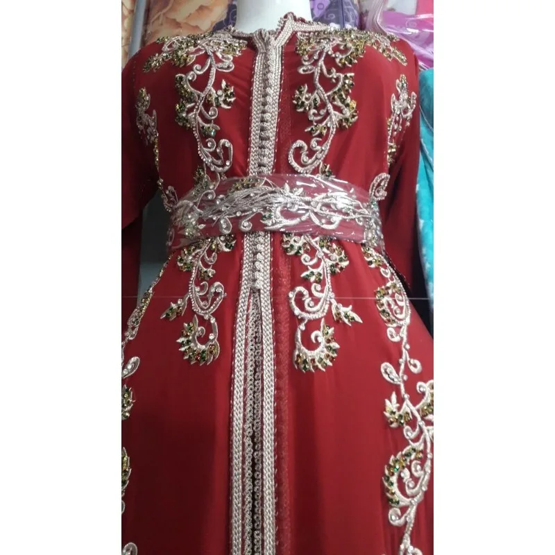 Luxury Red Kaftan Belt Embroidered Handmade Artisanal Farasha Beaded Zircon Decoration Wedding Dress Dubai Caftan 2 Pieces