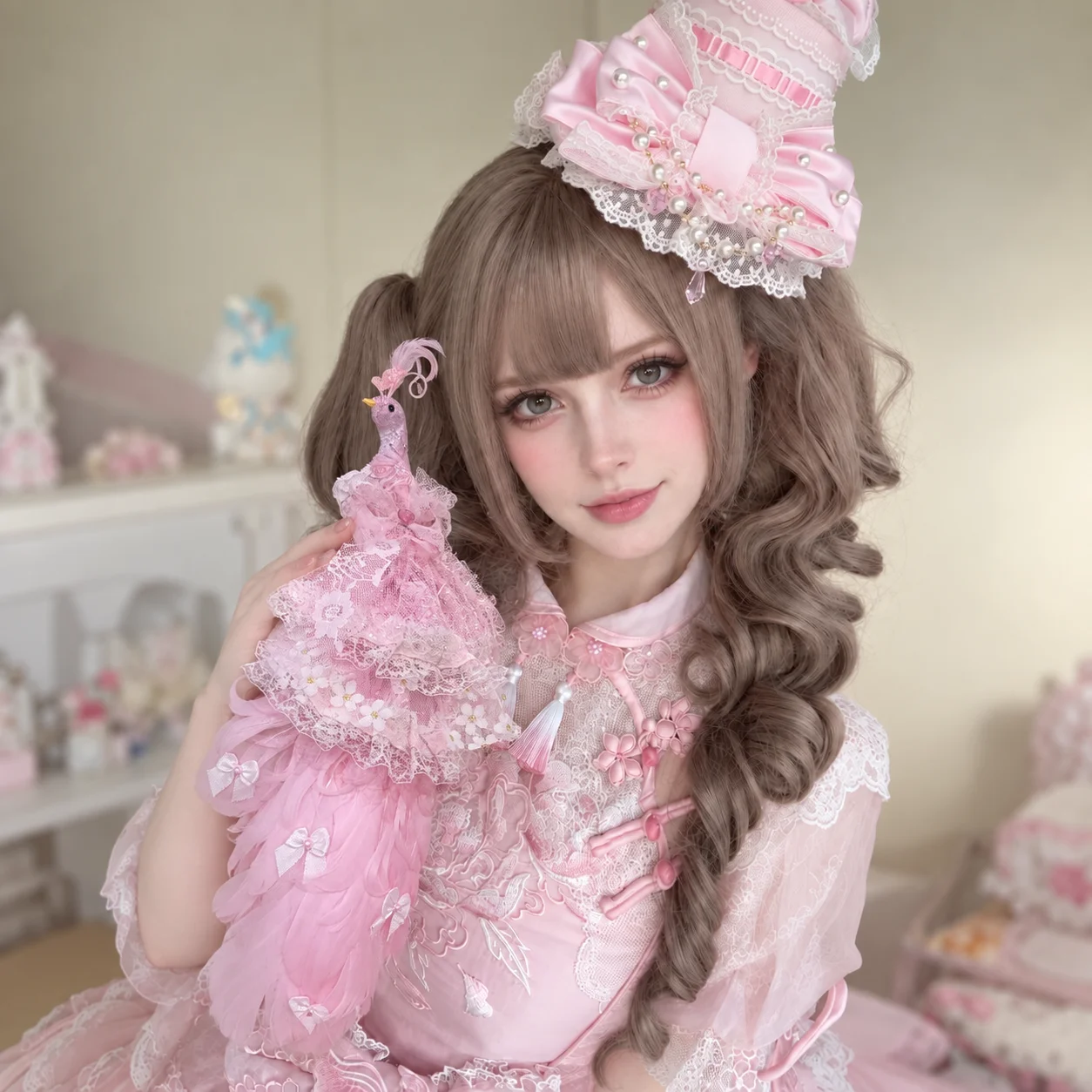1PCS Pink Peacock Ornament Artificial Feather Simulation Bird Christmas Tree Decoration Lace Flower Peacock Figurine Wedding Hol