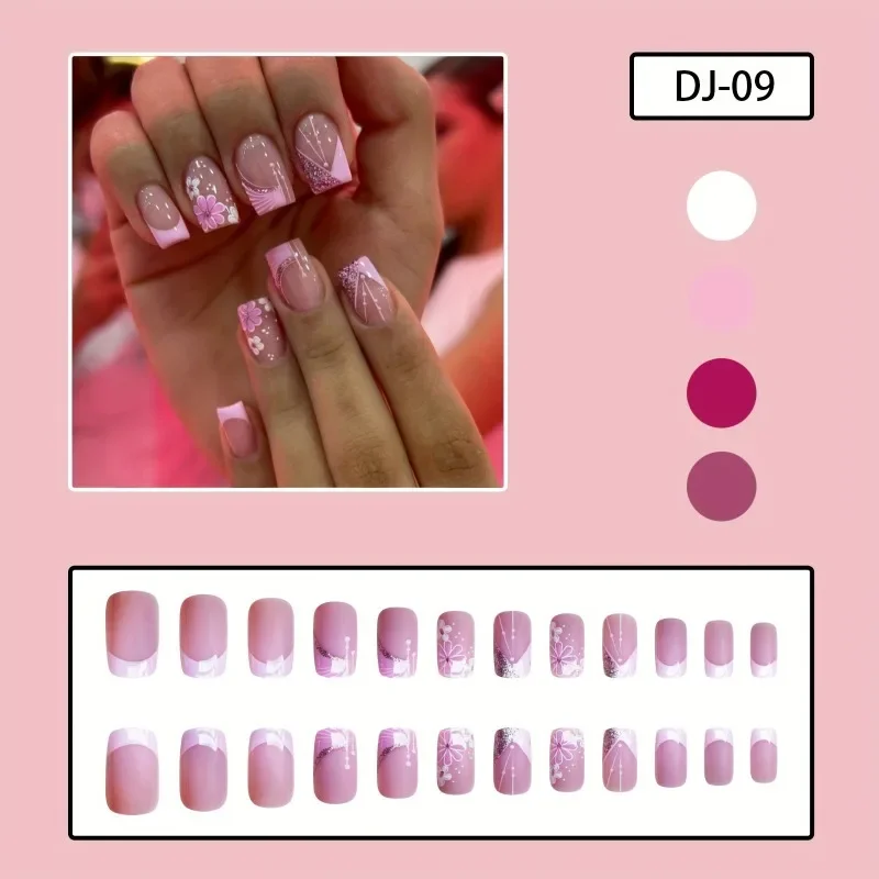 24Pcs/set Square Shaped Glossy Press-On Nails Inspired Pinkish French Tip Design with Delicate Flower Patterns for Women&Girls