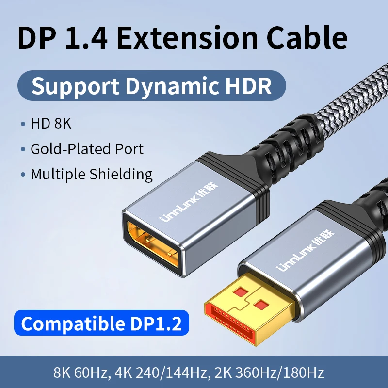 Unnlink Monitor DisplayPort-verlengkabel Man-vrouw DP 1.4 Extender 8K 60Hz, 4K 240Hz/165Hz/144Hz/120Hz