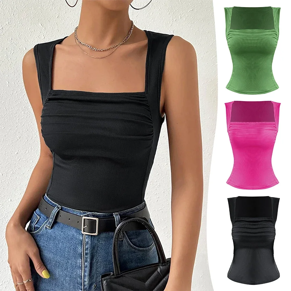 2024 New Fashion Squared Collar Elastic Slim Ribbed Vest Comfortable Breathable Clothes for Beach Vocation