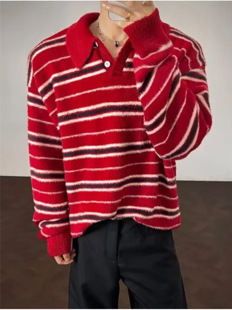 

Мужской свитер в американском ретро-стиле из искусственного меха норки с полосками, осенне-зимний, свободного кроя, премиум-класса, вязаный, для прогулок