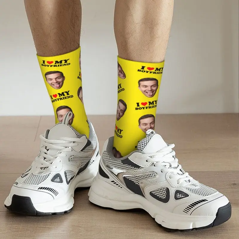 Novedad, calcetines de vestir personalizados con foto de cara personalizada I Love My Boyfriend para hombre, calcetines unisex cálidos y cómodos con estampado 3D