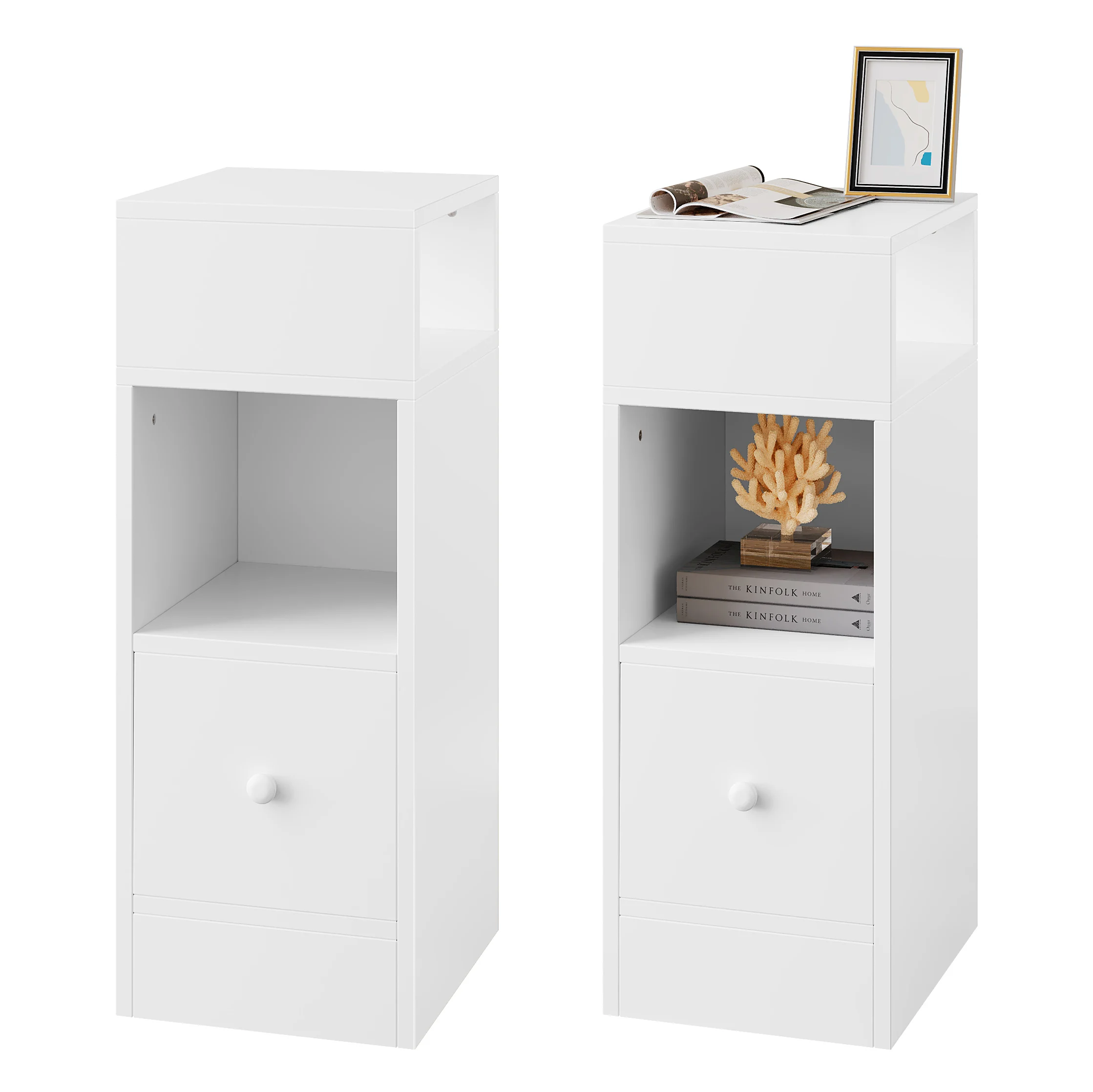 EUGAD - Juego de 2 Mesitas de Noche para Dormitorio con 2 Estantes Abiertos y 1 Cajón, 25x66x30 cm, Gabinete de Almacenamiento Pequeño y Delgado, Decoración para el Hogar que Ahorra Espacio