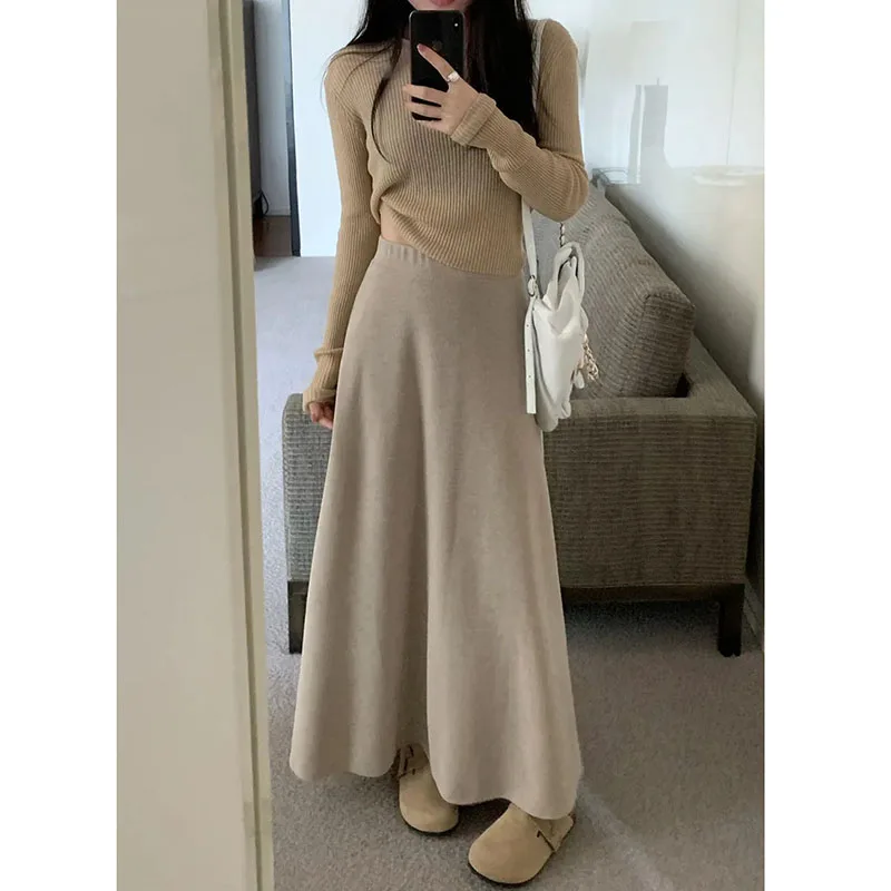 Lucyever Vintage Gray Knitted Midi Skirts Women 2023 New High Waist Slimming A-Line Skirt Woman Elegant Solid Droop Long Skirts