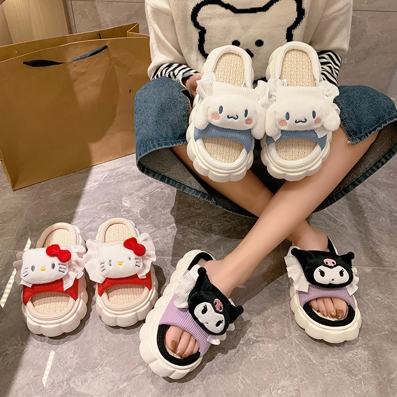 Sanrio Slippers Women Kuromi Cinnamoroll Anti-Sli Four Seasons Home Linen Poop Feeling Thick Bottom Linen Slippers Indoor Shoes