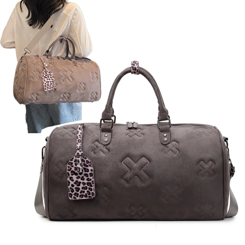 

Unisex Fashion Trend Large Capacity Shoulder Bag Suede Fabric Unisex Fitness Tote Bag Leopard Print Accent Travel Luggage Bag