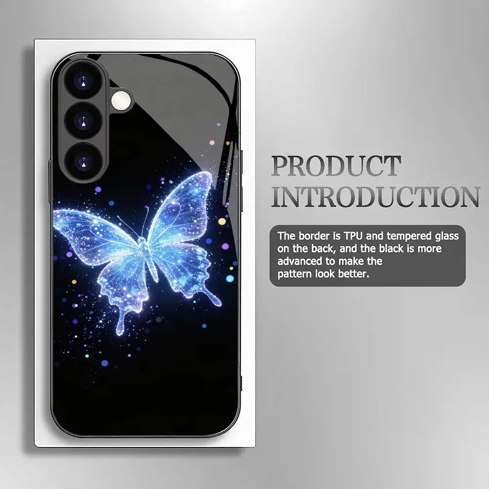 Luminous butterfly printed glass phone case suitable for Samsung GalaxyS26 S25 S24 S23 S22 S20FE/Ultra/Plus anti drop back cover