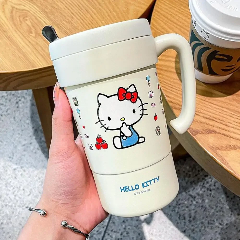 Coffee Cup 580Ml High Capacity Kawaii Sanrio Hello Kitty Doll Anime Figure Straw Mixing Spoon Thermos Cup Handle Cup Office Gift