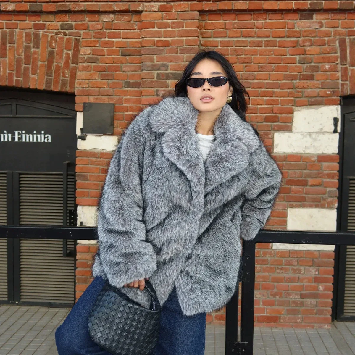 Women Faux Fox Fur Coats Solid Fur Jackets Mid Length Cotton Linen Lapel Collar Long Sleeves Open Stitch Loose Fit 2026 Winter