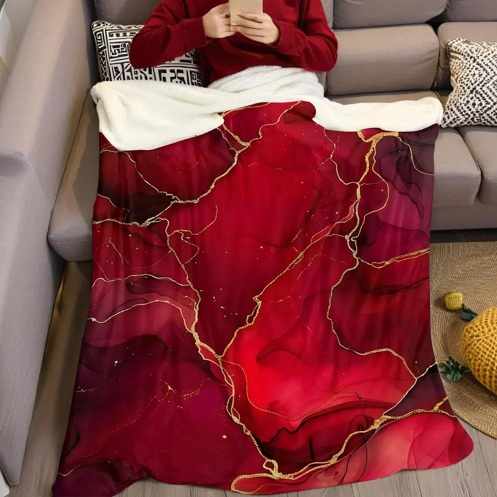 Red Gold Ink Marble Flannel Blanket Warm Soft Halloween Christmas Decorative Couch Warm Cozy All-Season Gift