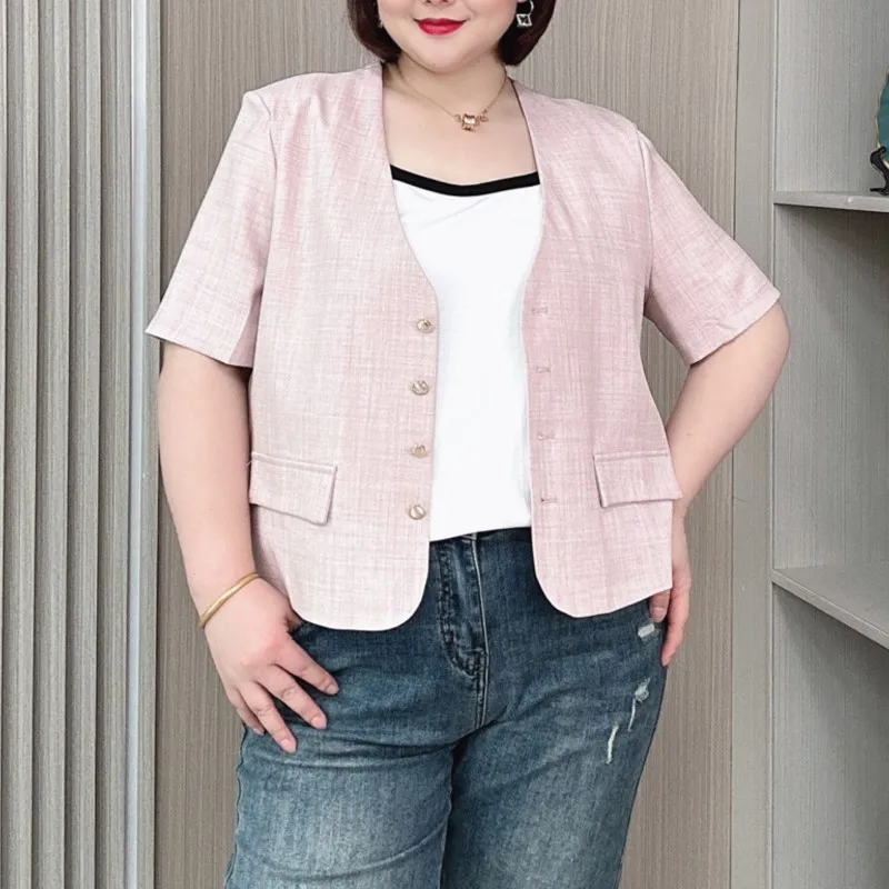 2024 New Plus Size Chic short-sleeved Blazer Women Summer Thin Casual V-Neck single-breasted Suit Jacket