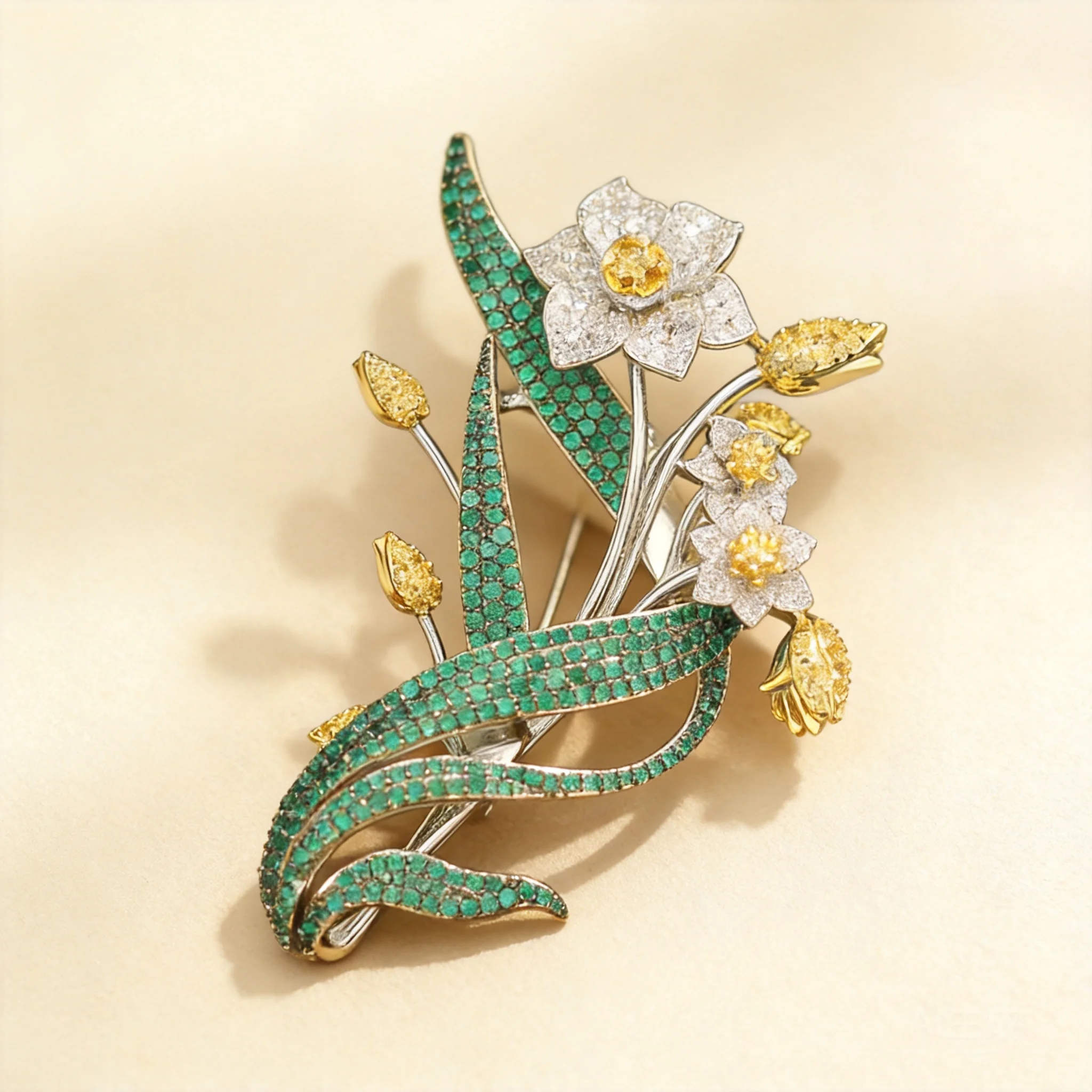 Chinese Style Lucky Blessing Daffodil Orchid Brooch For Women Sparkly Full Paved Green Zircon Silver Tone Elegant Exaggerated