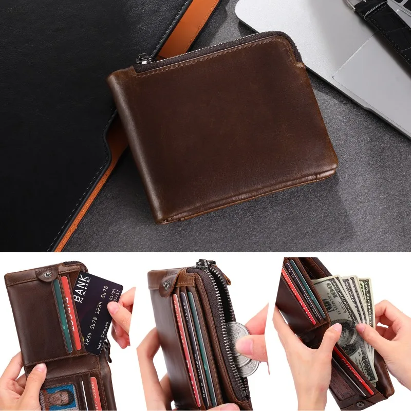 

Wallet Men RFID Anti-theft Brush Leather Short Wallet Multi-card Retro Zipper Wallets carteras кошелек purse