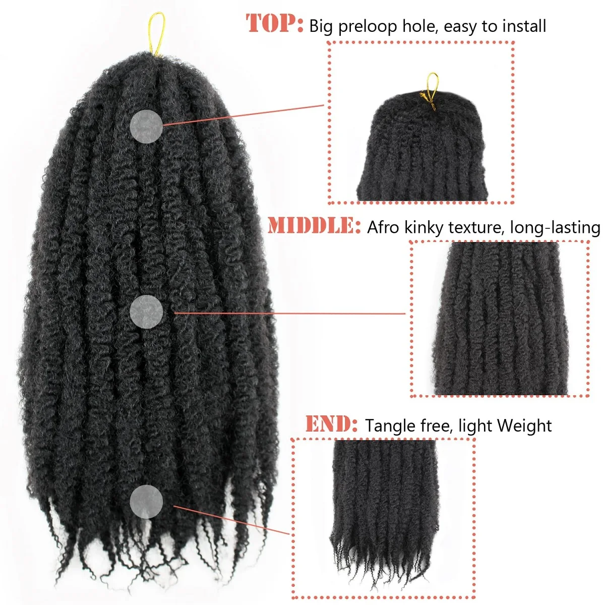 Afro Kinky Twist Crochet Synthetic Braid hair , Kanekalon Fiber Marley Hairs Extensions, Senegalese Curly, 24inch, 65g/pack