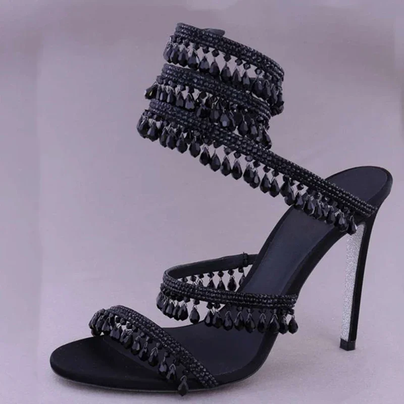 Crystal Pendant Ankle Snake Wrap Sandals Open Toe High Heels Wedding Bridal Shoes Woman Summer 2025 Fashion Luxury Pumps view 5