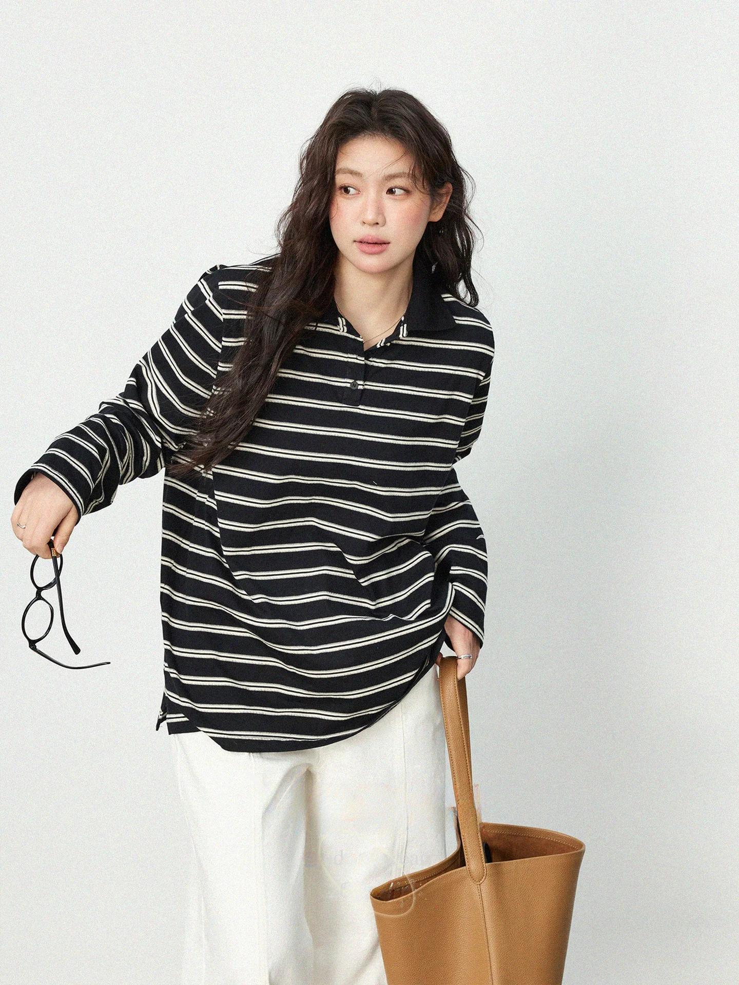 

plus Size Women's Vintage Striped Collar Long Sve T-irt Spring Loose Casual Belly Covering Slimming Top