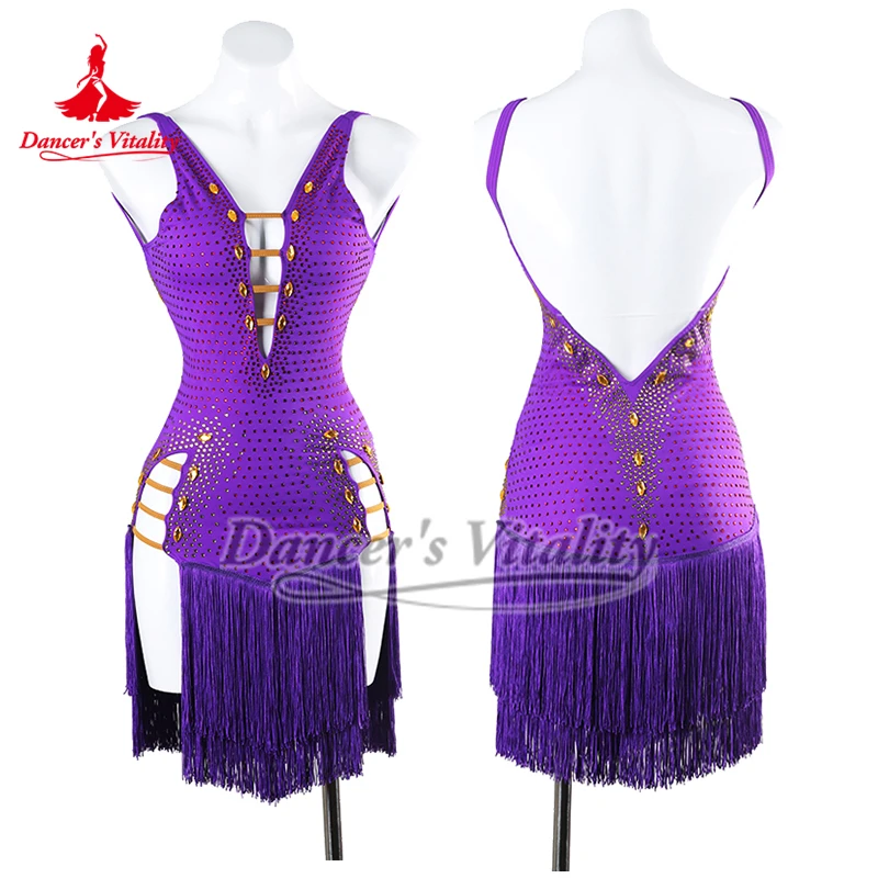 Advanced Sexy V-shaped Back Sleeveless Purple Latin Dance Tassels Dresses Adult Women Chacha Samba Jive Perform Clothes Custom