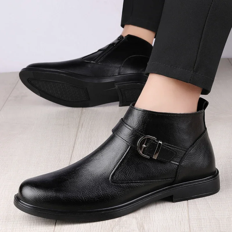 Winter Plush Warm Black Chelsea Mens Boots Business Formal High Top Leather Shoes British Style Low Heel Versatile Wedding Shoes