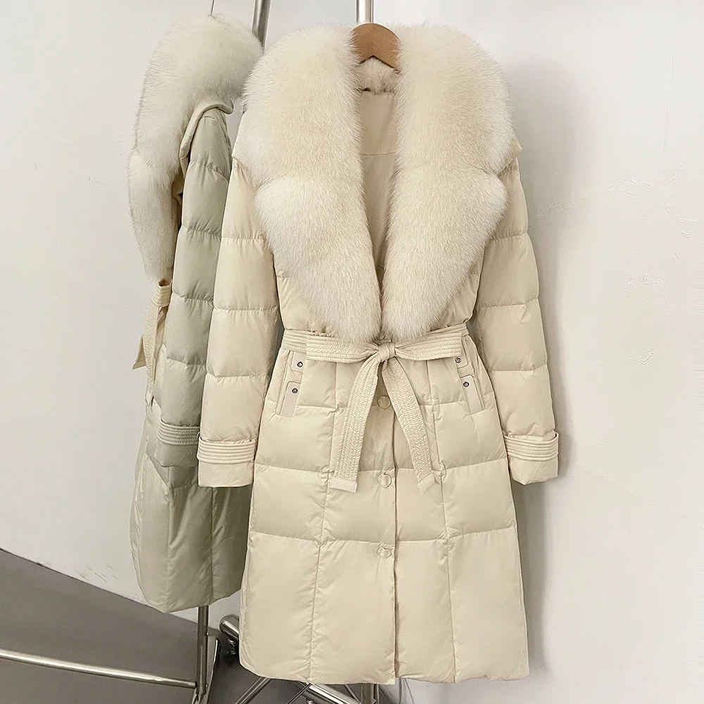 2025 New Winter Real Fox Fur Long Clothes Women Belt Thickened Warm Natural Fur Duck Down Female Luxury Fashion Puffer Jacket