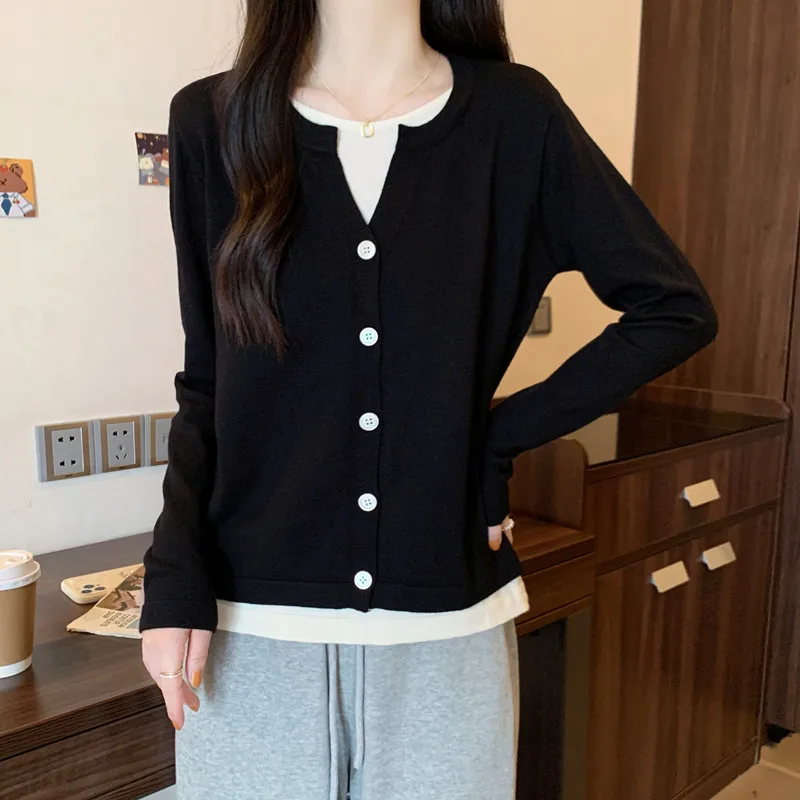 Maglione lavorato a maglia taglie forti Falso in due pezzi Sciolto Base da donna irt Copertura della pancia Dimagrante Autunno Inverno Nuovo Sle Fce Pull...