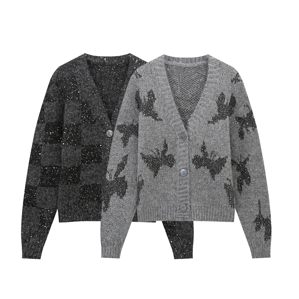 JNLEAOG automne nouveau Faionable paillettes tricoté Cardigan femmes coupe ample v-ne longue Sve Polyester Fiber motif Animal