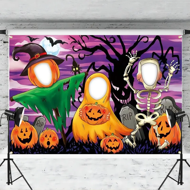 Horror Night Face in Hole Backdrop Pumpkin Head Scarecrow Ghosts Skeletons Spooky Night Moon Bats Monster Tree Photo Background