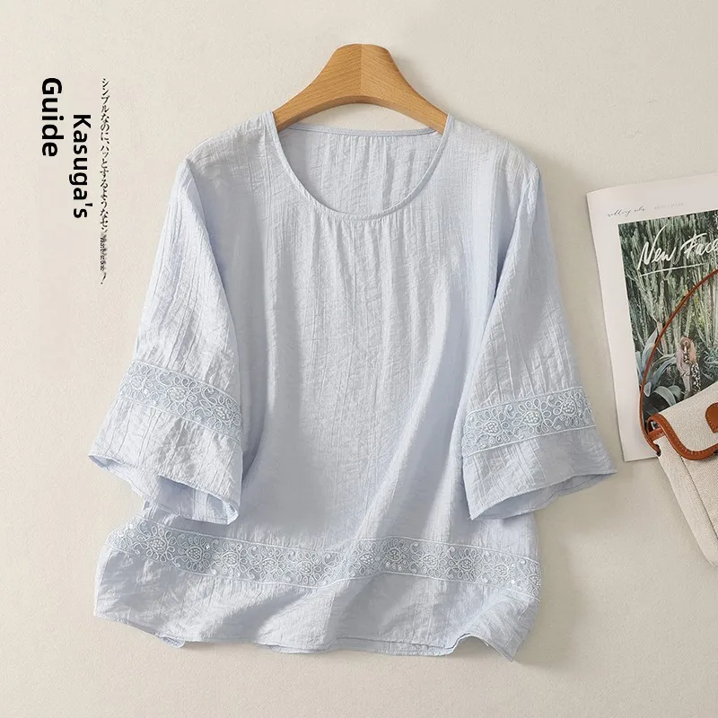 Summer Loose Fit Embroidered Beaded Midi Sleeve T-Shirt Thin Transparent round Neck Casual Style Polyester Cotton Blend T-Shirt