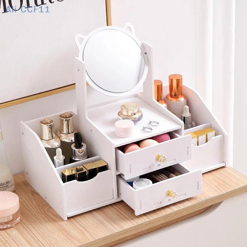 Assembly Makeup Mini Table Multifunctional Cosmetics Storage Rack With Rotating Mirror Skin Care Products Organizer Drawer Shelf