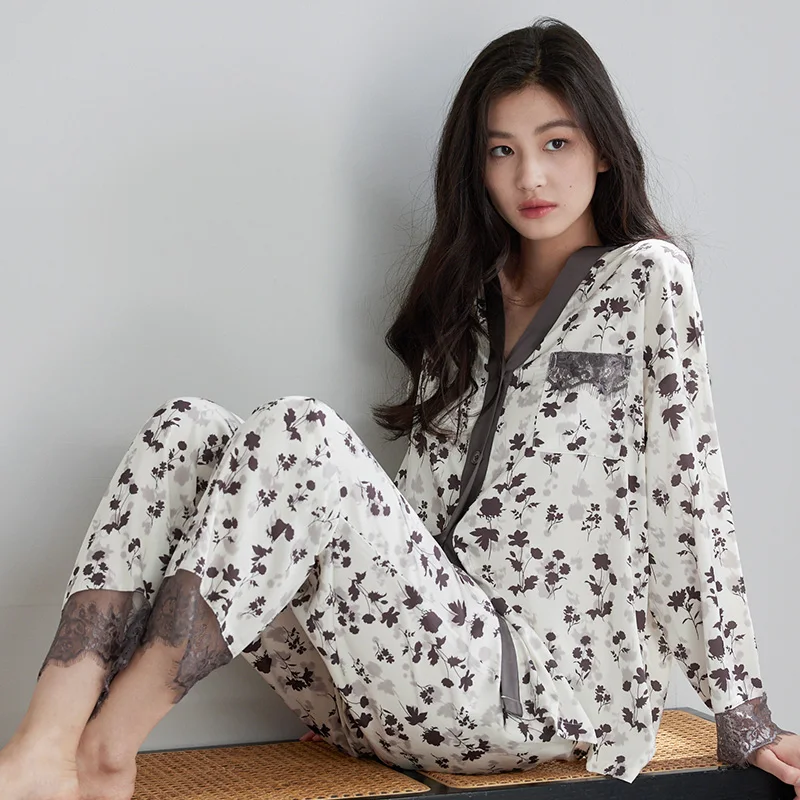 Lace Pajama Set For Women Floral Home Clothes Suit Silk Satins Long Sleeve V-Neck Cardigan Ladies Homewear Spring Pyjamas Female