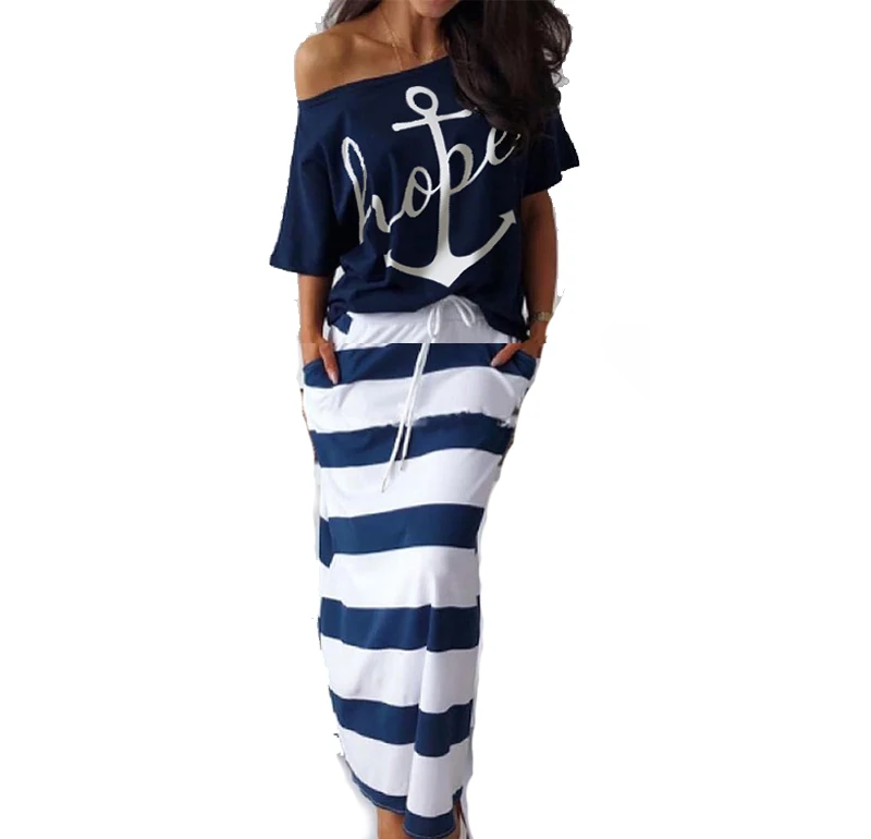 Summer Plus Size Elegant Vacation Leisure Two-pieces Suit Sets Ladies Boat Anchor Print T-Shirt & Striped Maxi Skirt Sets BLUE