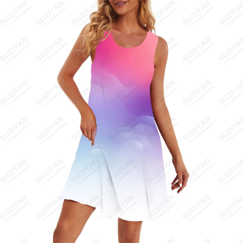 Gradient Color 3D Printed Dress Simple Classic Round Neck Dress Summer Loose Casual Dress Outdoor Comfortable Sleeveless Dress