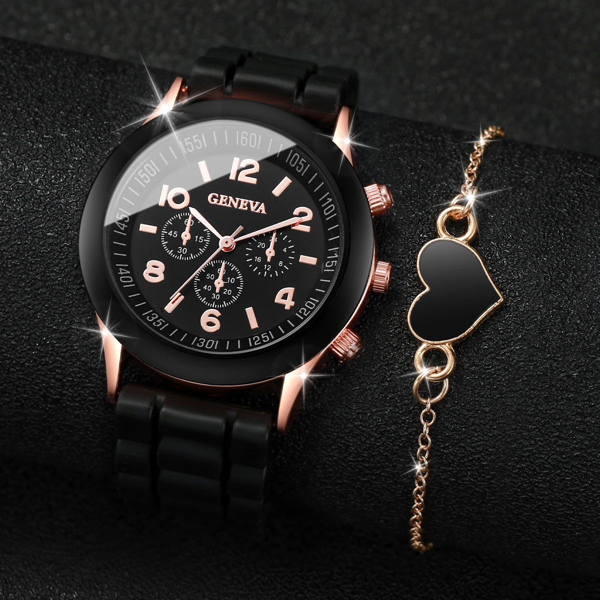 Montre à quartz avec bracelet en forme de cœur pour femme, bracelet en silicone, mode, ensemble de 2 pièces