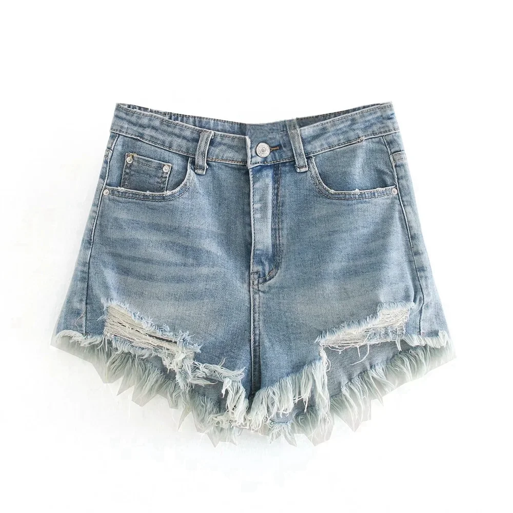 2024 new slimming tassel fringed distressed high waisted denim shorts for women fashionable loose hot pants