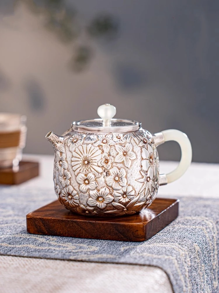 Pure silver 99.9%, handmade, a sparkling tea pot, a silver pot, full of colorful flowers