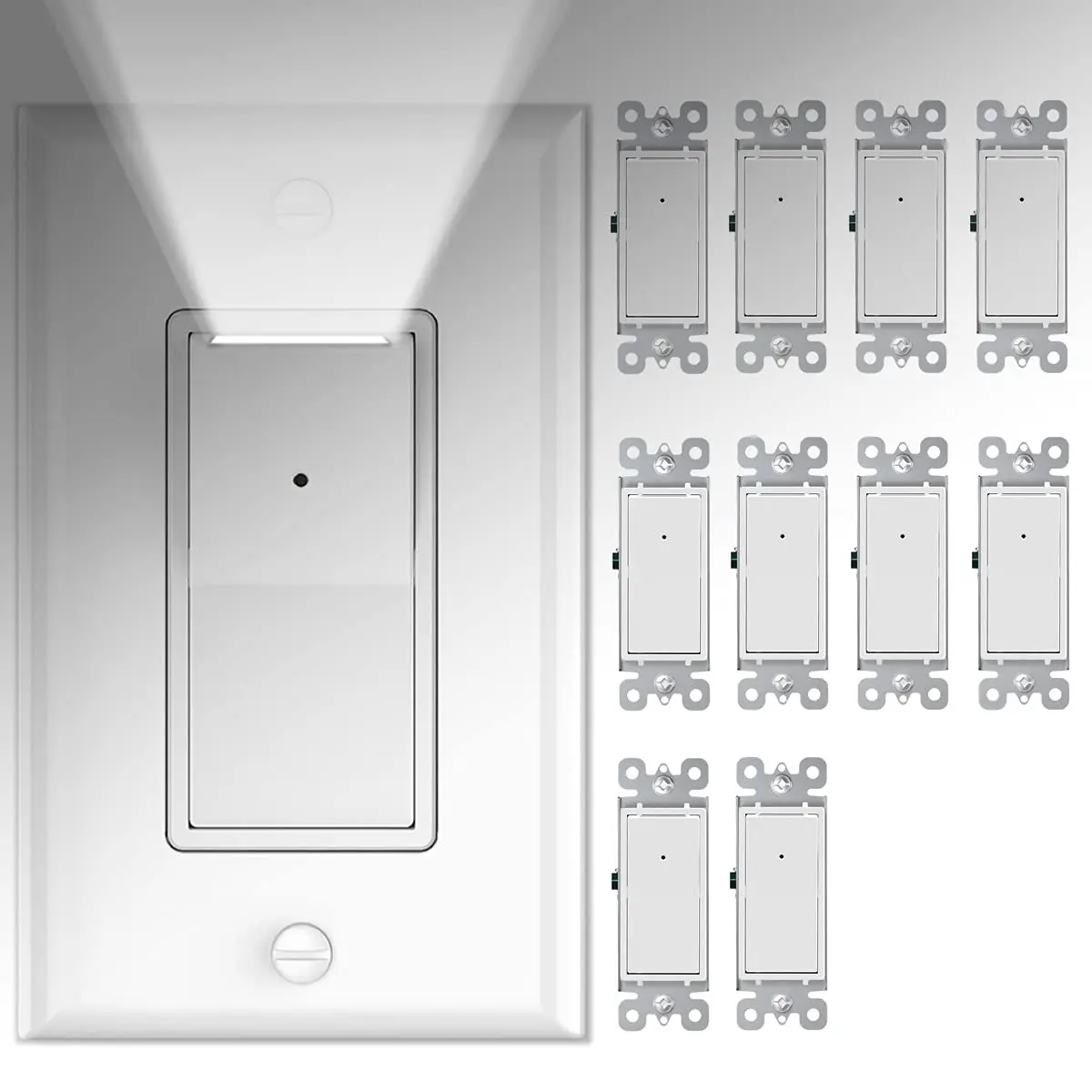 10 Pack Light Switch with LED Night Light 15Amp 120/277Volt Decora Rocker Single Pole Wall Switch, Automatic On/Off Sensor