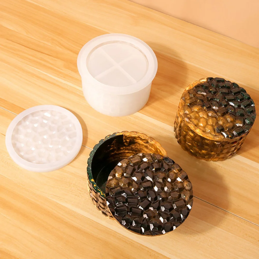 Round Diamond Stripe Storage Jar with Lid Clay Silicone Mold DIY Cement Plaster Concrete Pen Box Candle Holder Epoxy Resin Molds