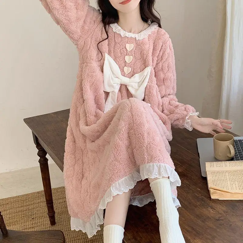 Women's New Thick Long Sleeved Jumpsuit Nightgown for Students Autumn and Winter Warm Home Clothes Princess Style Soft Nightgown