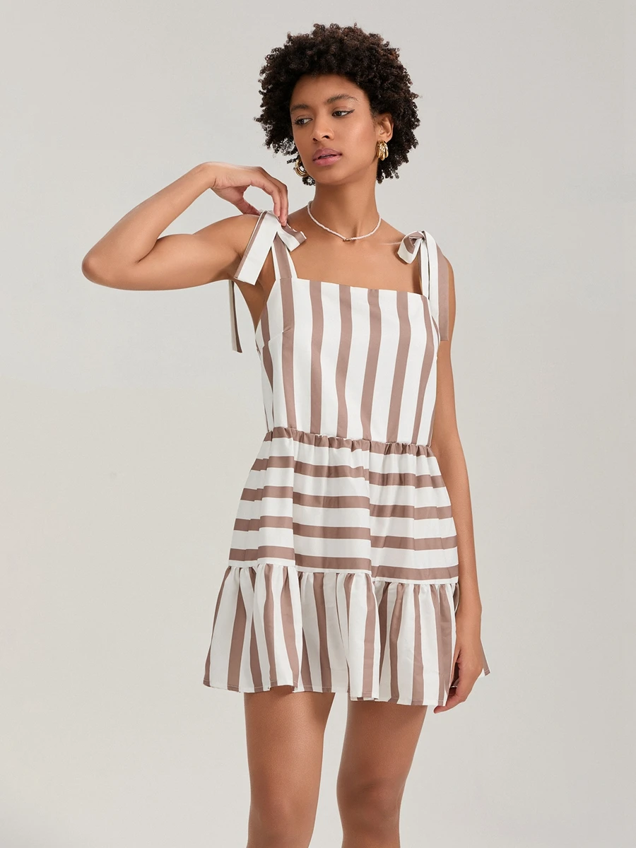 Women Mini Dress Stripe Tie-Up Shoulder Strap Sleeveless Dress Summer Casual Cami Dress