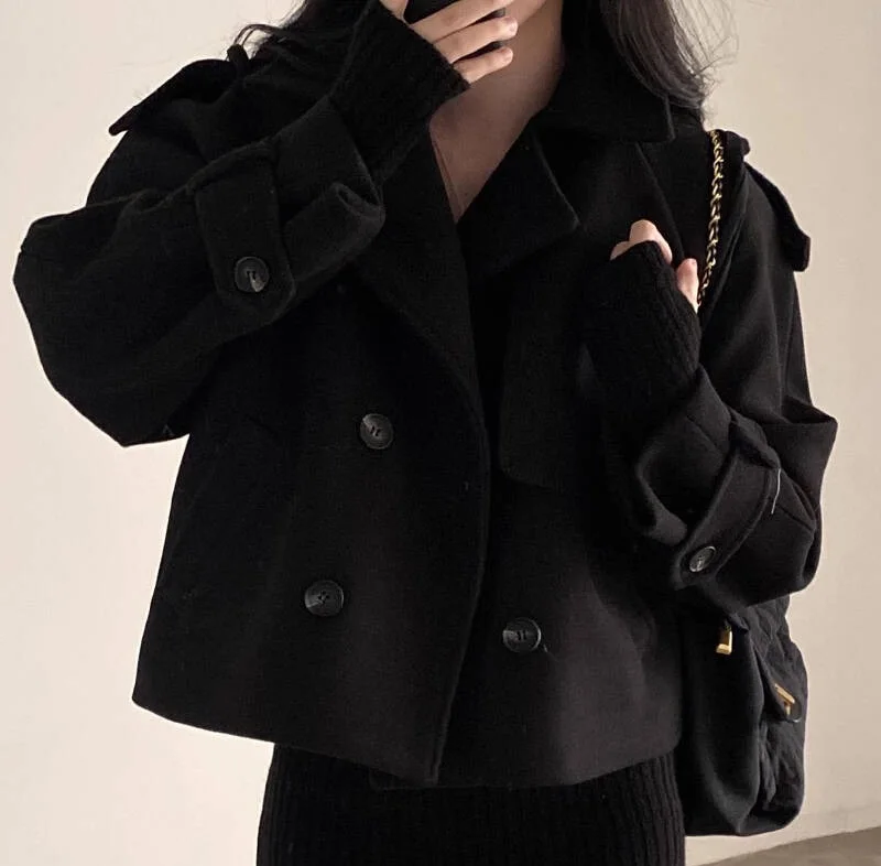 

Wool Blend Coats Womens Woolen Coat Black Women Winter Color-Blocking Adjustable Stand-Collar Buttoned Pleated Maxi Aesthetic OL