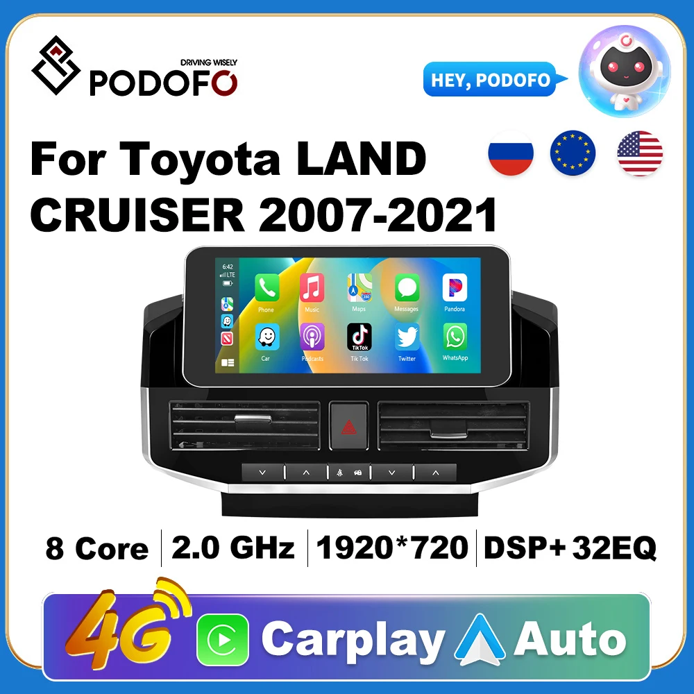 Podofo Wireless CarPlay Andorid Auto Car Radio For Toyota Land Cruiser 2007-2021 AI Vioce Multimedia GPS 2din autoradio