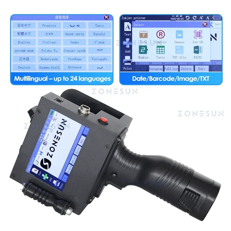 

ZONESUN ZS-HIP508 Цифровая многоязычная струйная печатная машина 50,8 мм Принтер для логотипа Персонаж QR Штрих-код Номер партии Даты