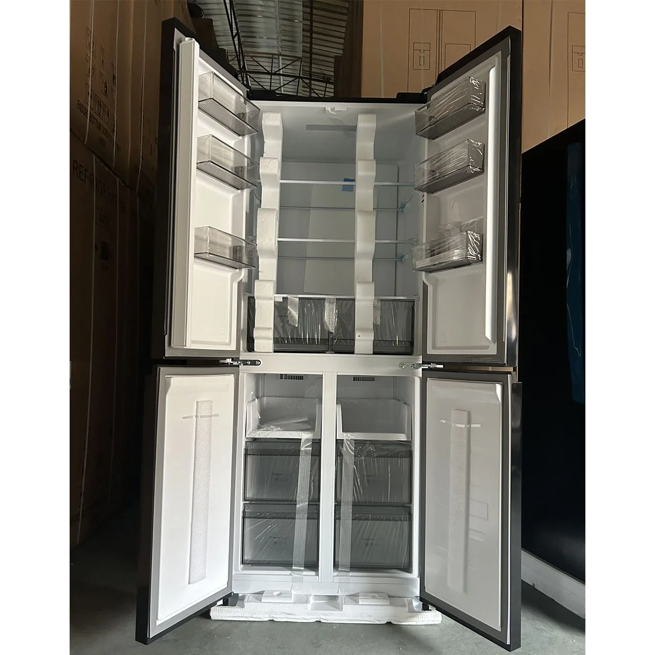 High-gloss black French four-door refrigerator with display screen for home use, large-capacity air-cooled and frost-free