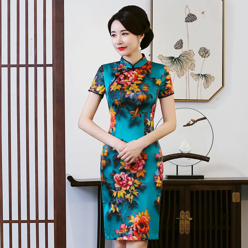 Spring and Summer New High Quality Real Silk Printed Short Sleeve Retro Improved Cheongsam Qipao Women's Dress