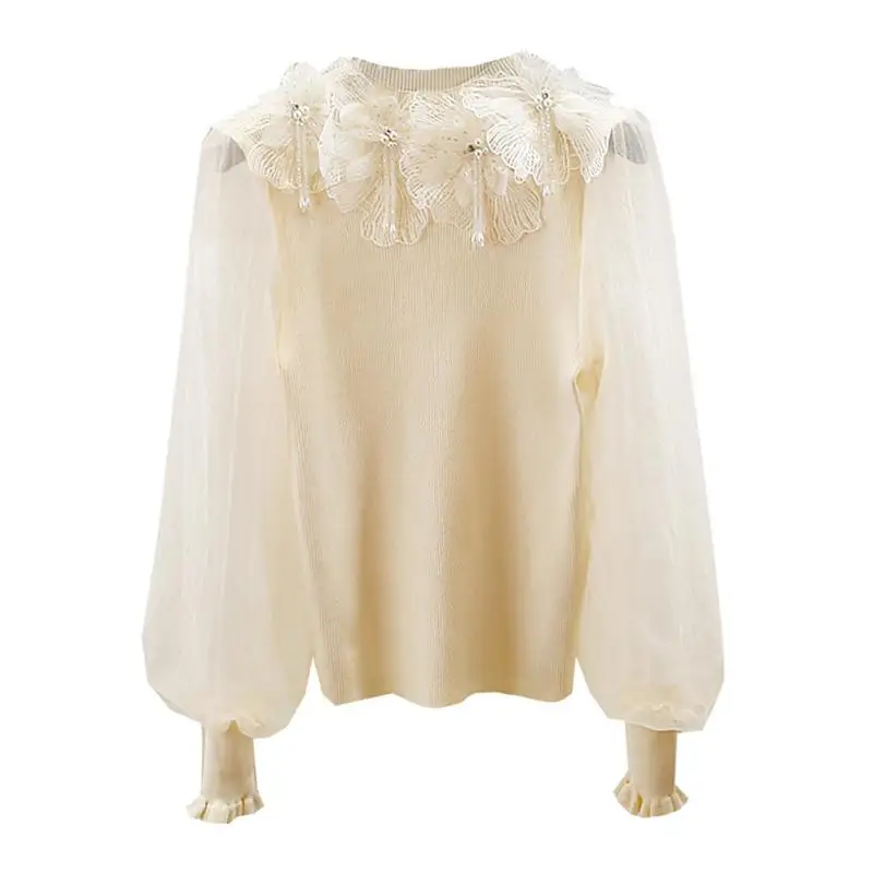 Fashion Heavy Industry Three-dimensional Flower Bead Splicing Chiffon Lantern Sleeve Knitted Sweater Women's Chic Slim Top Tide