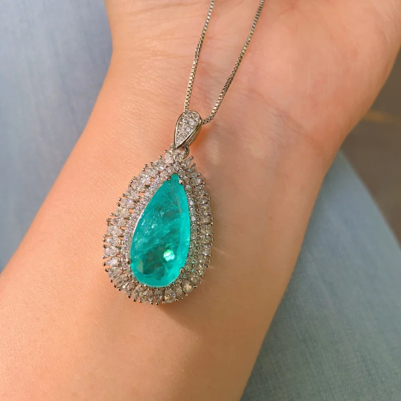 Jewelry Colored Gems European and American Style Necklace Women's Imitation Paraiba Main Stone Water Drop 10*20 Ring Pendant